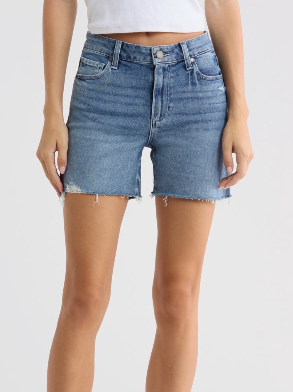 PAIGE Distressed Mid-Rise Blue Denim Cutoff Shorts